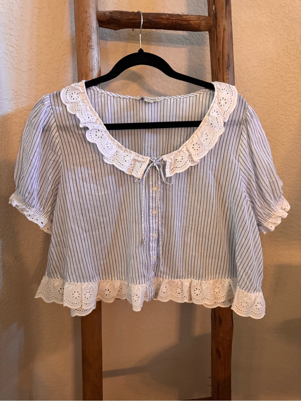 American Eagle Outfitters White & Blue Striped Eyelet-Trim Tie-Front Blouse